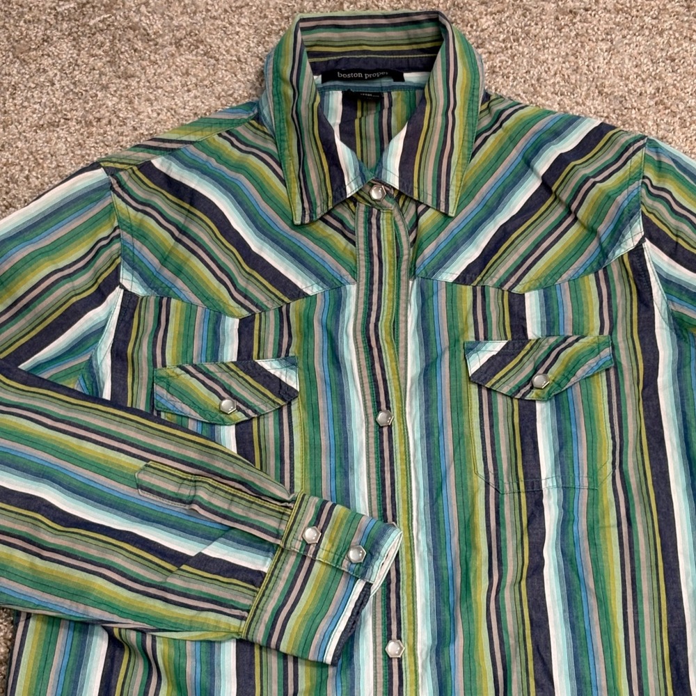 Boston Proper Western Pearl Snap Shirt Dress Women 10 Cowgirl Striped‎ Cotton